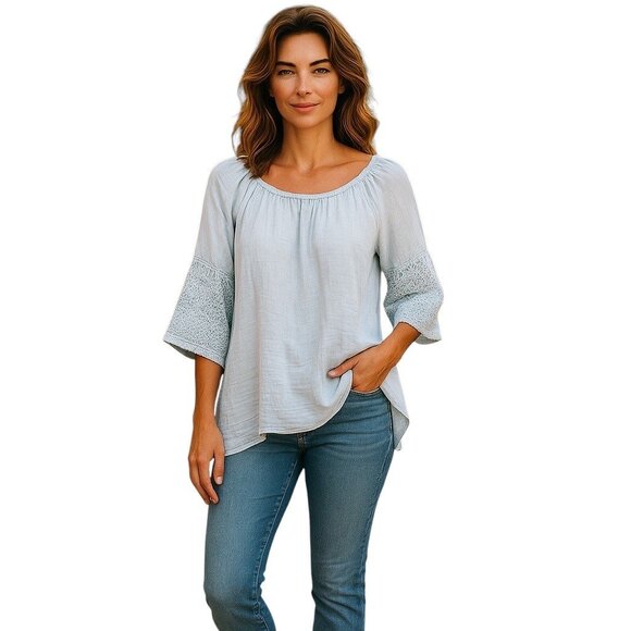 Soft Surroundings 100% Linen Crochet Sleeve Blouse Light Blue Size L Coastal - Picture 1 of 12